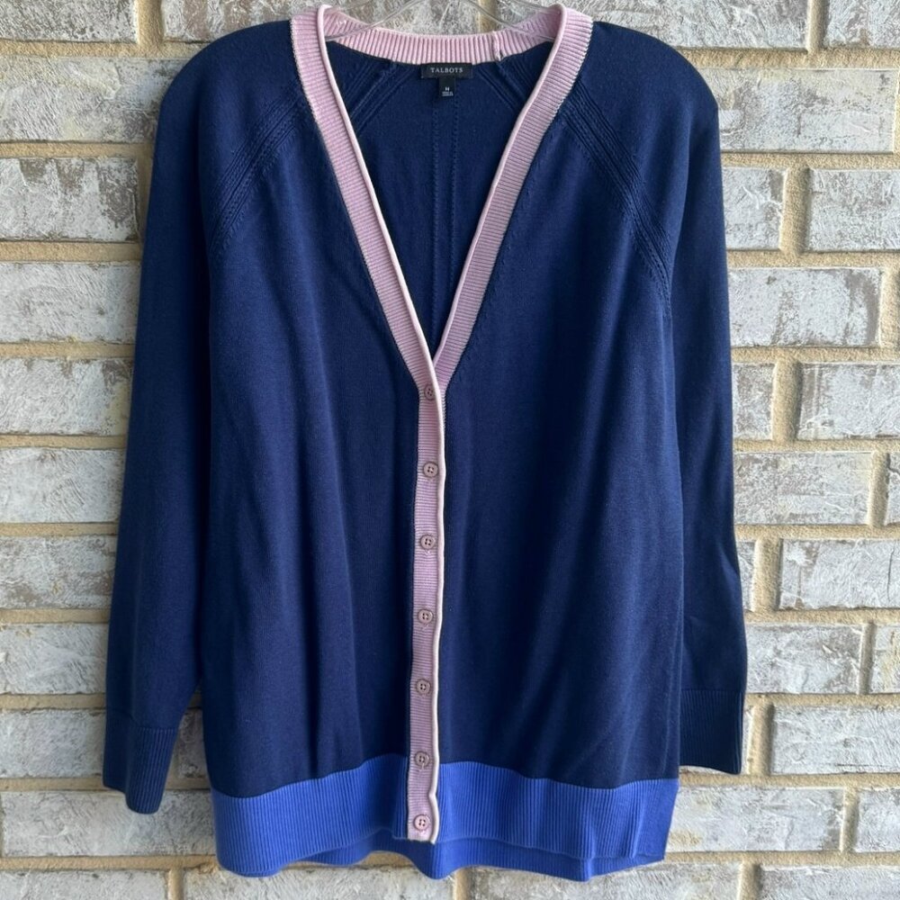 Talbots Long Sleeve V-Neck Button Up Contrast Trim Blue Cardigan Sweater Size M
